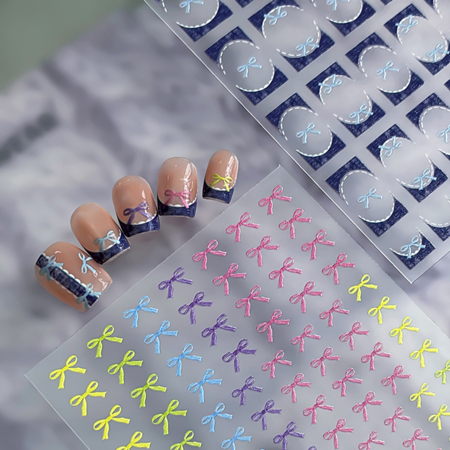 Nail Art Denim - สติ๊กเกอร์ตกแต่งเล็บลายตารางสีน้ำเงินเดนิมสไตล์เรโทร 5D พร้อมลายโบว์ กรอบสี่เหลี่ยม ลายโค้ง ลายตารางครึ่งวง