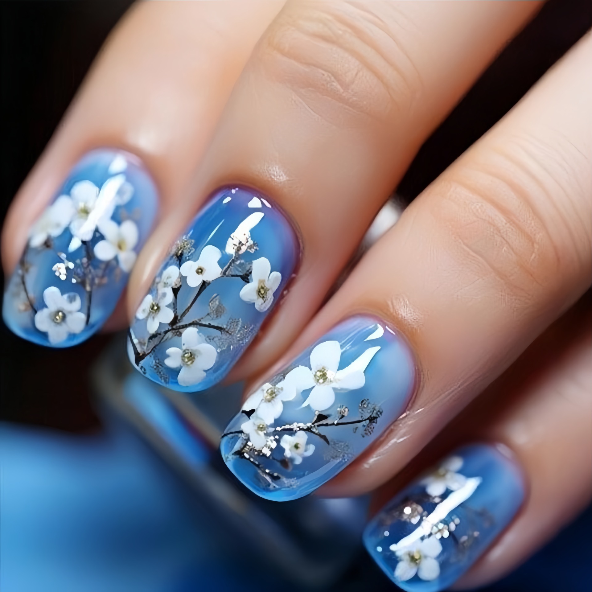 Press On Nail Set - เล็บปลอมขนาดกลางสำหรับผู้หญิงและเด็กผู้หญิง ลายดอกไม้ฤดูใบไม้ผลิและฤดูร้อน สีฟ้า ม่วง ขาว เงาหรือมีประกาย