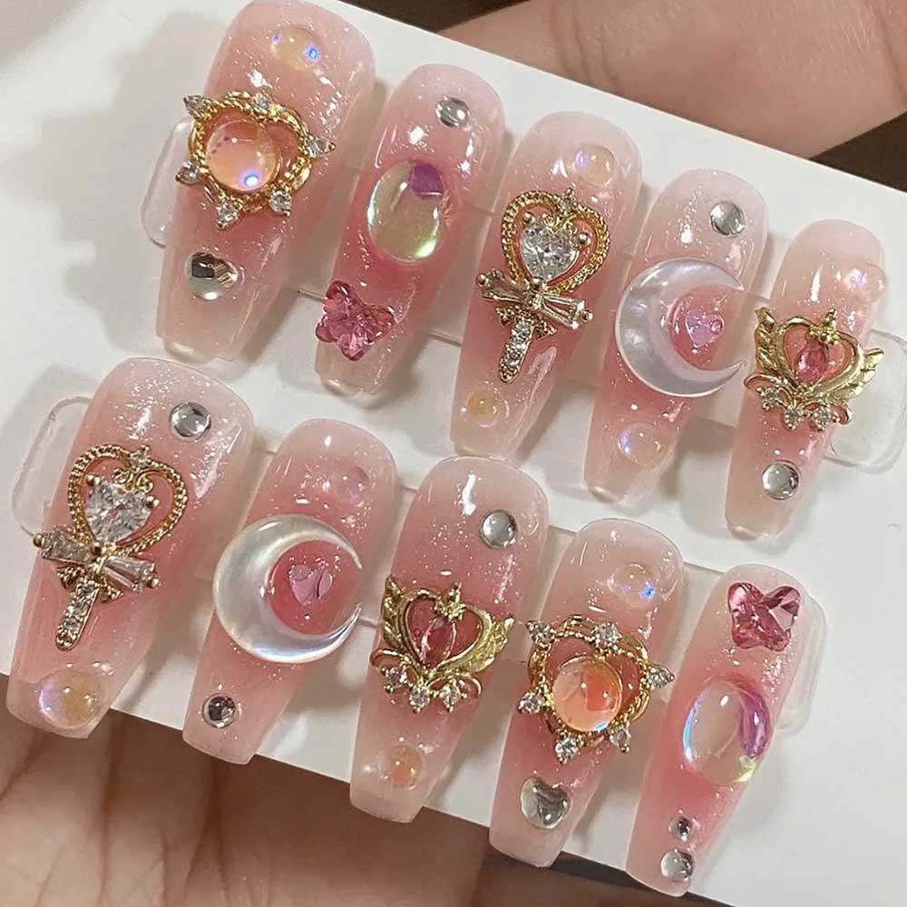 Nail Art Maroon - 24 ชิ้น/กล่องหรูหราสีชมพูยาวโลงศพเล็บปลอม Y2K Moon Star Rhinestones