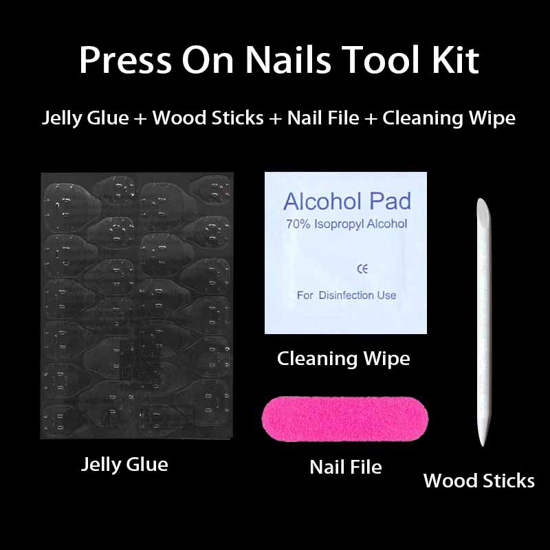 Nail Art Jelly - 1 ชุดเล็บแท็บกาววุ้นกาวสติกเกอร์ปลอมกดบนเล็บเคล็ดลับชุดเครื่องมือเล็บแฟ้มไม้ Sticks ทําความสะอาดเช็ด
