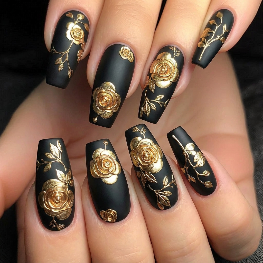 Press On Nail Set - เล็บปลอม 3 มิติ สำหรับผู้หญิง สาวๆ สีทอง