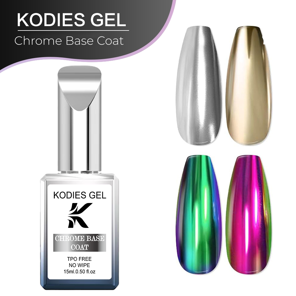 Nail Art Chrome - เจลเคลือบเล็บ KODIES แบบใส โครมเมทัลลิก สำหรับทาเป็นเบสโค้ท ไม่ต้องใช้แป้งโครม