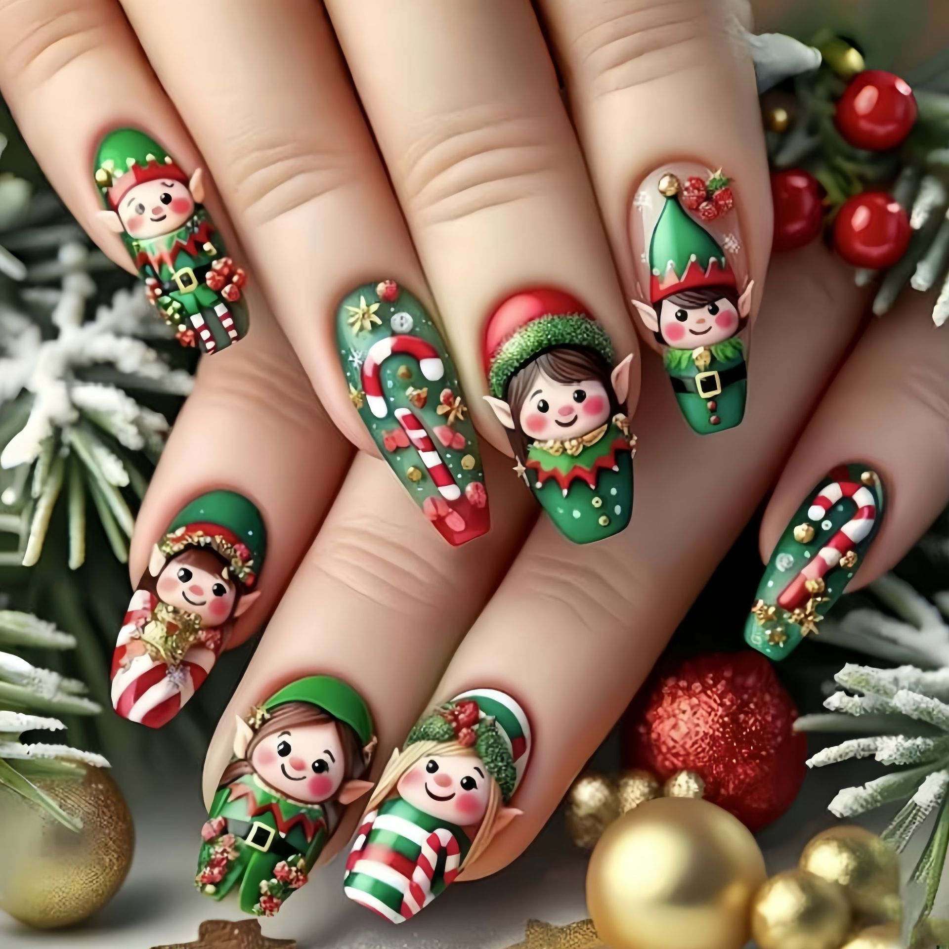 Press On Nail Set - เล็บปลอมขนาดกลางสำหรับงานปาร์ตี้คริสต์มาส ลายเกล็ดหิมะ ต้นคริสต์มาส ซานตาคลอส เอลฟ์ อลซ์มอนด์