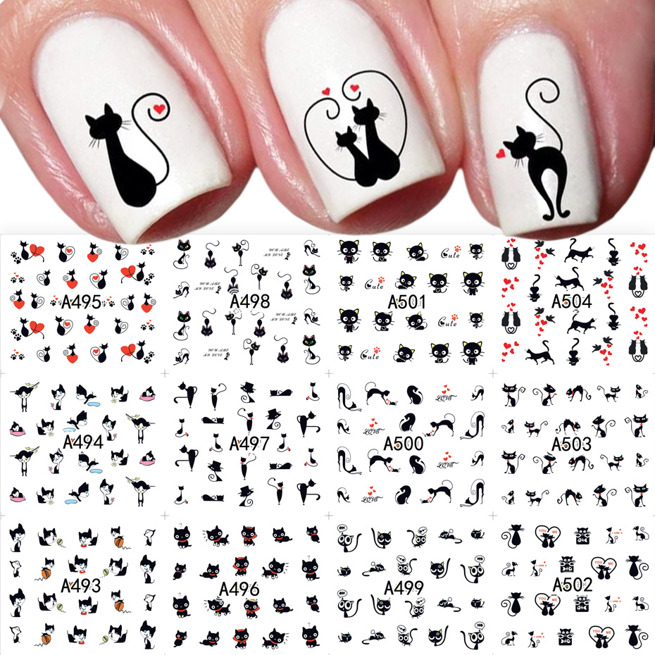 Nail Art Valentines Day - 12pcs Black Cat สติกเกอร์เล็บ Love Heart
