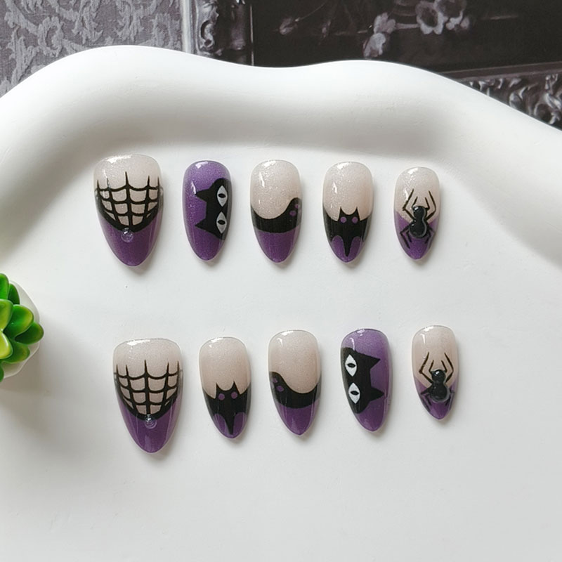Nail Art Cat Eye - 10 ชิ้น เล็บปลอมสำหรับผู้หญิง ธีมปาร์ตี้ฮาโลวีน ลายแมวสีม่วงดำ ผิวหยาบแบบตาแมว