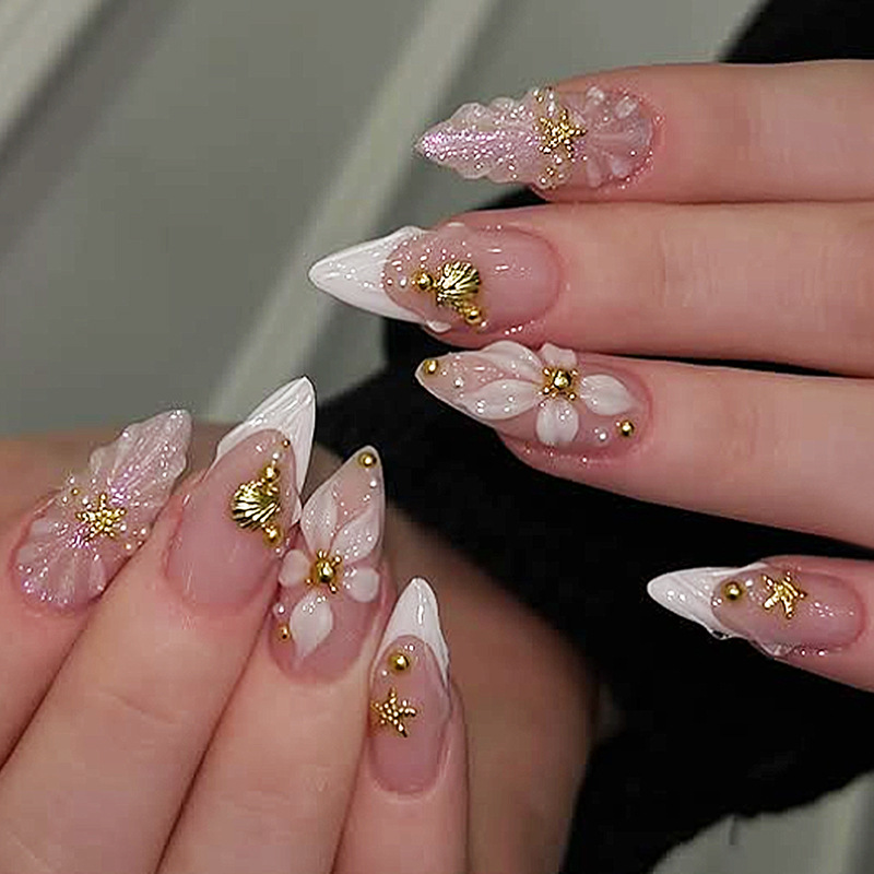 Press On Nail Set - ชุดเล็บปลอมแบบกดติด 24 ชิ้น ลายดอกไม้สีชมพูหวาน ดีไซน์เปลือกหอยมุก พร้อมใช้งานซ้ำได้