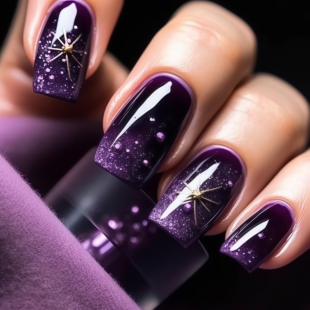 Press On Nail Set - เล็บปลอมสั้น-กลาง ไล่เฉดสีม่วง-น้ำเงิน ทรงเหลี่ยม พร้อมลายดาวประกายทอง-เงิน
