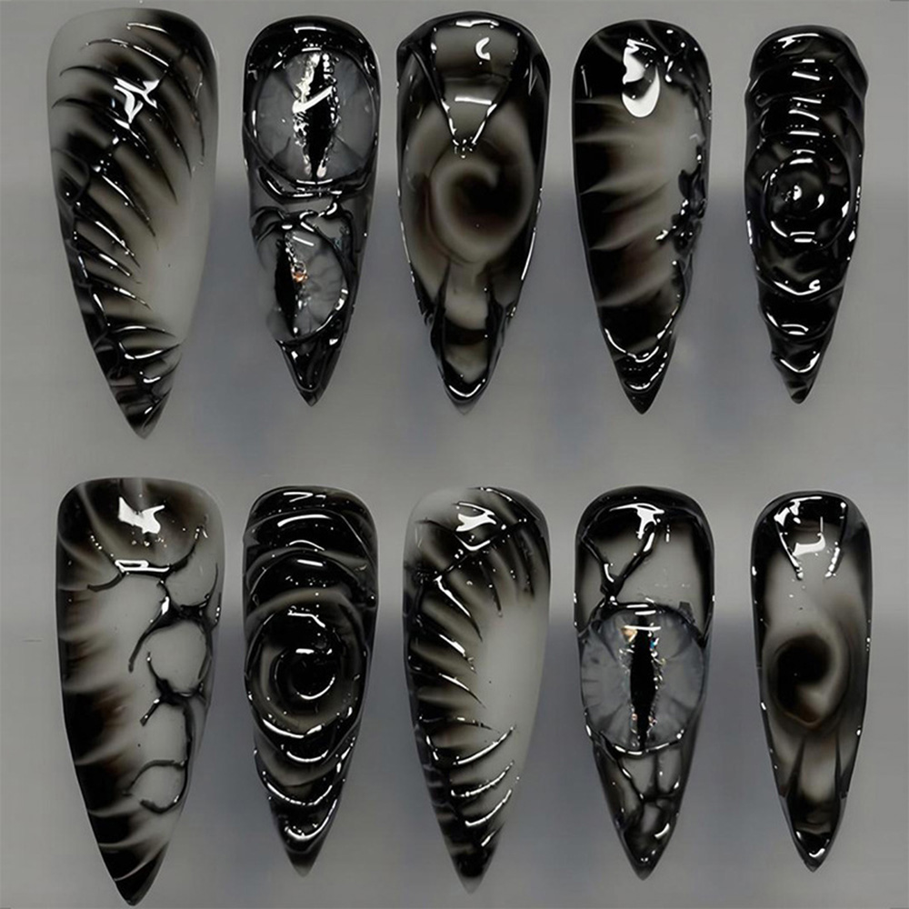 Nail Art Cat Eye - เล็บปลอมสไตล์กอธิคแบบสติเลตโต 30 ชิ้น เล็บอะคริลิกเงางามพร้อมลวดลายตาปีศาจแบบ 3D สำหรับฮาโลวีน