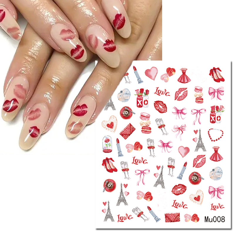 Nail Art Valentines Day - 3d Nail Art Sliders สติกเกอร์วาเลนไทน์ริมฝีปากเซ็กซี่ลิปสติกกระโปรงรองเท้าส้นสูง Bowknot