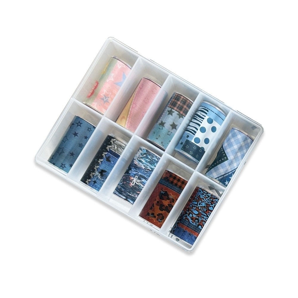 Nail Art Denim - 10 ม้วนฟอยล์ติดเล็บหลากสี กระดาษถ่ายโอนลาย DIY สติ๊กเกอร์ลายเสือดาวสำหรับตกแต่งเล็บ ลายผ้าสก็อต