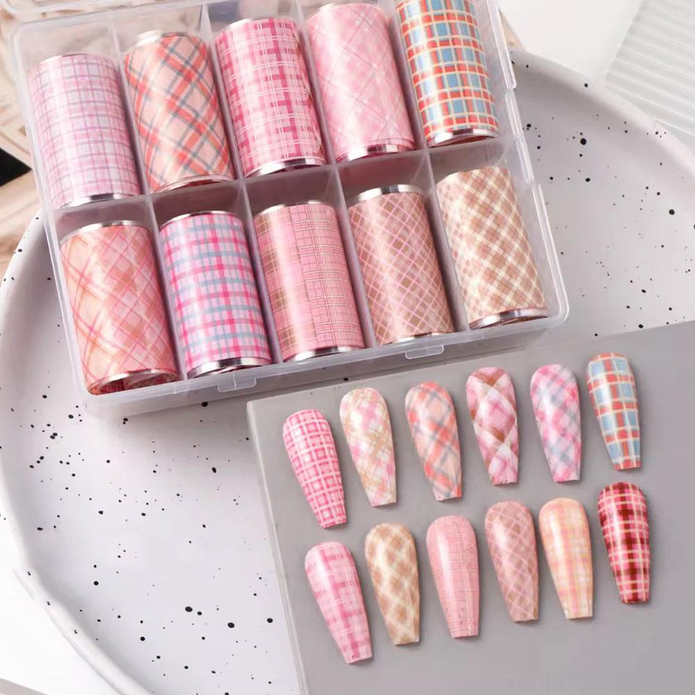 Nail Art Denim - ฟอยล์ติดเล็บลายใหม่ 10 ม้วน สำหรับสติกเกอร์กระดาษทรานเฟอร์ ลายสก็อต ลายเดนิม