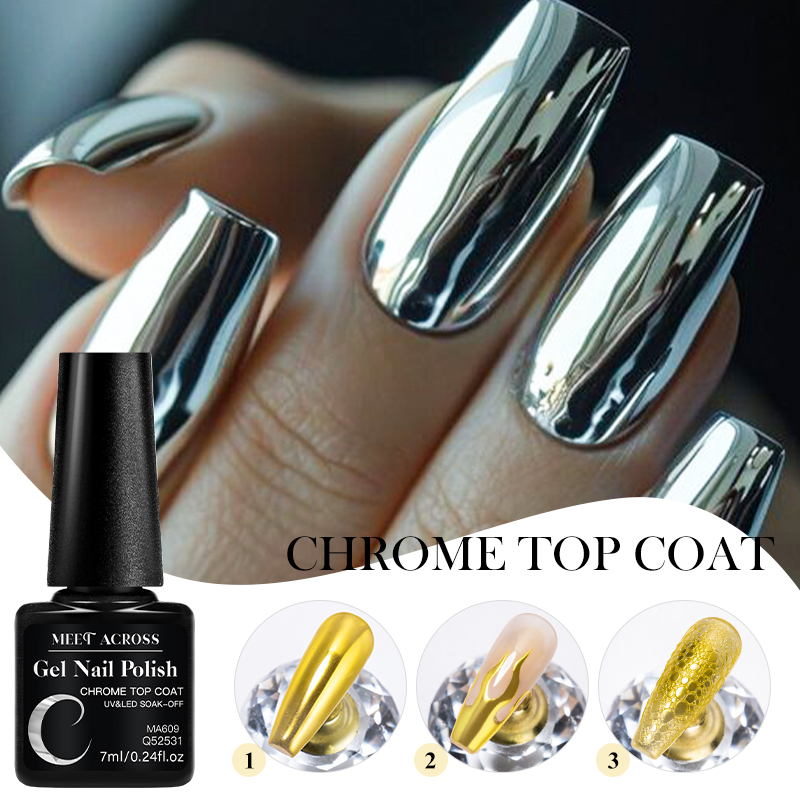 Nail Art Chrome - เจลเคลือบเงาโครเมี่ยม 7 มล. สำหรับผงกลิตเตอร์เมทัลลิก แบบลอกออกได้ ยาทาเล็บกึ่งถาวร