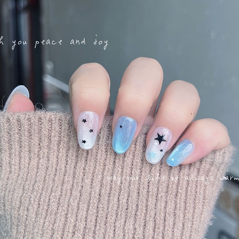 เล็บปลอมแบบกดติด 10 ชิ้น สีฟ้า - Nail Art Cat Eye บทวิจารณ์และราคา