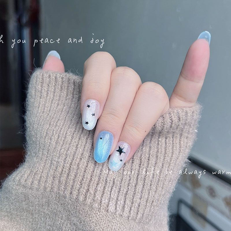 เล็บปลอมแบบกดติด 10 ชิ้น สีฟ้า - Nail Art Cat Eye บทวิจารณ์และราคา